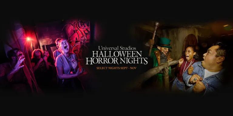 The Halloween Horror Nights logo in between two images of people being scared in haunted houses