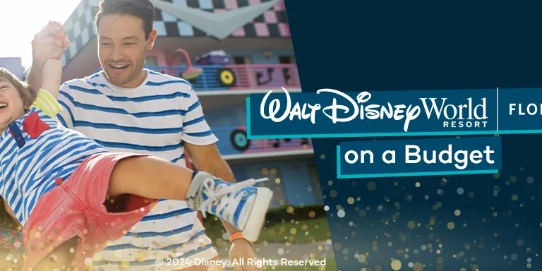 A banner with the title 'Walt Disney World on a Budget' next to an image of a mum and dad swinging their young child between them