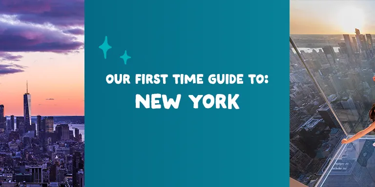Desktop banner for the "Our First Time Guide to New York," showing the illuminated Manhattan skyline at dusk and guests enjoying a glass observation deck.