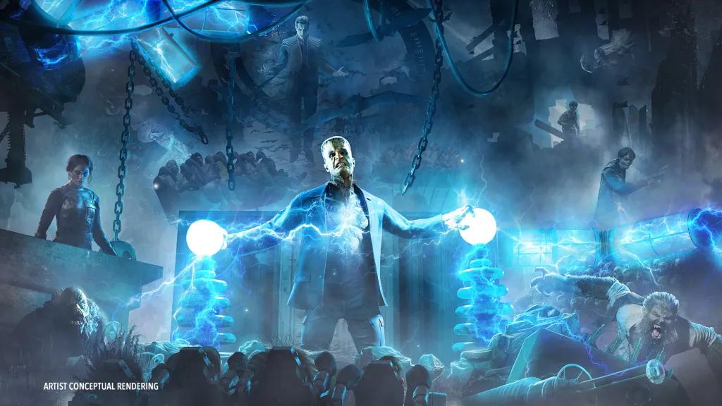 Concept art of a Universal Monsters themed ride including Frankenstein's Monster and Dracula