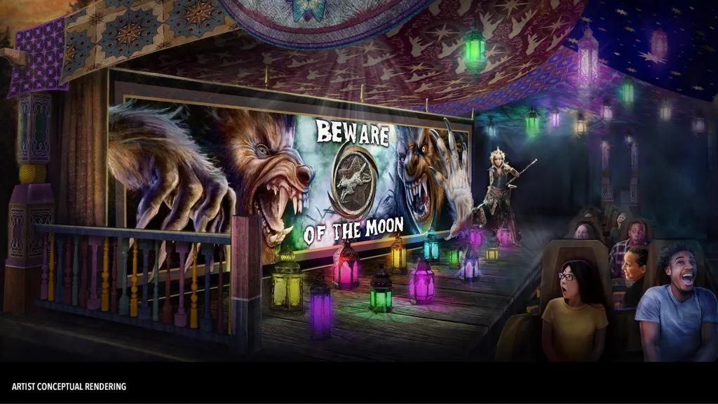 Concept art of people on a rollercoaster riding past a sign reading 'Beware of the moon'