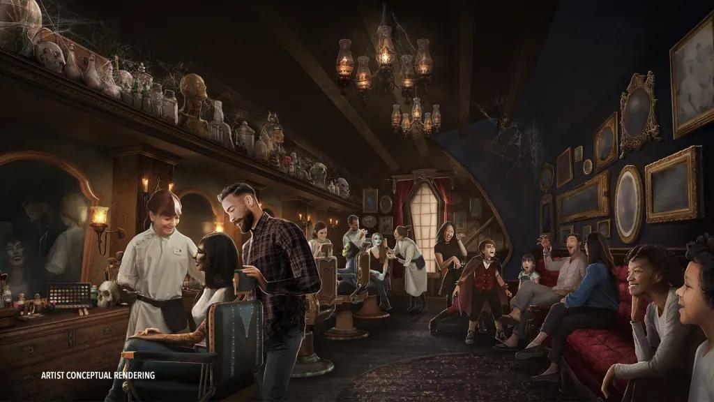 Concept art of families in an old-fashioned parlour getting monster makeovers