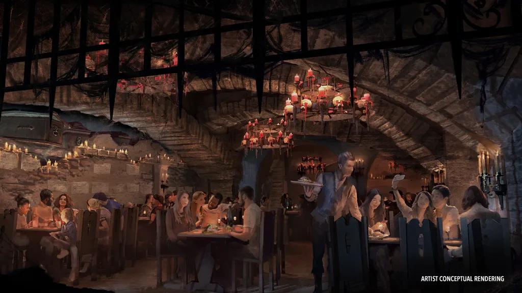 Concept art of guests eating in a restaurant designed to look like a spooky dungeon with dark walls and dripping candles