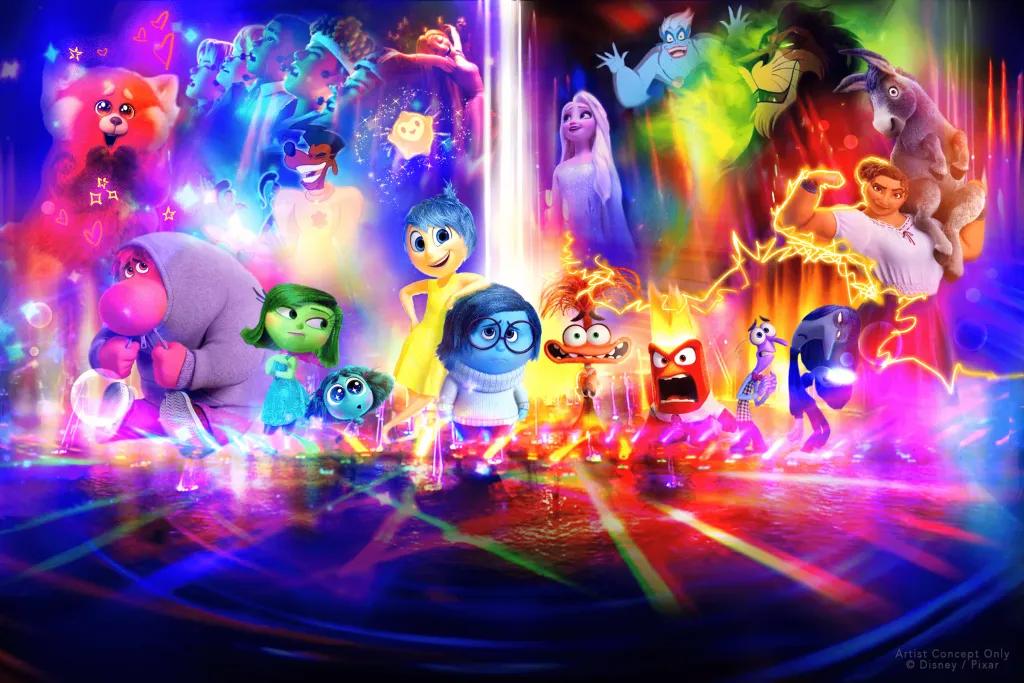 Concept art including Pixar and Disney characters in a ix of colour, including inside out, frozen, turning red, encanto and many more.