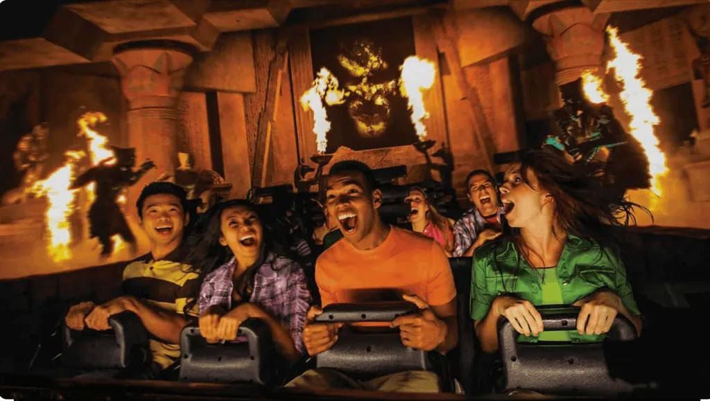 Riders on Revenge of the Mummy indoor coaster at Universal Studios Florida.