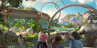 Artist concept art of entrance with people walking beside a lake with a stone statue of woman and in the background there is a space themed hotel.