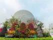 Topiaries of the Encanto characters in front colourful flowers and Spaceship Earth