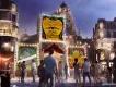 Exterior of Le Cirque Arcanu, with flashing lights and paper signs in the streets of paris