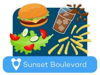 Cartoon burger, soda, salad and fries above a location label for Sunset Boulevard