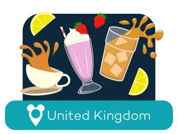 Cartoon drinks cups above a location label for United Kingdom