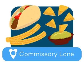 Cartoon Mexican food above a location label for Commissary Lane