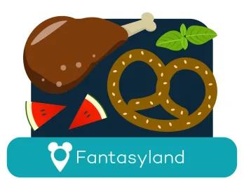Cartoon pretzel and turkey leg above a location label for Fantasyland