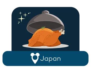 Cartoon roast chicken on a serving dish above a location label for Japan