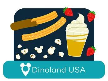 Cartoon churros and ice cream above a location label for Dinoland USA