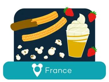 Cartoon churros, popcorn and ice cream above a location label for france