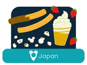 Cartoon churros, popcorn, and ice cream above a location label for Japan