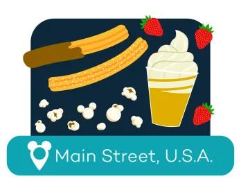 Cartoon churros and ice cream above a location label for Main Street USA