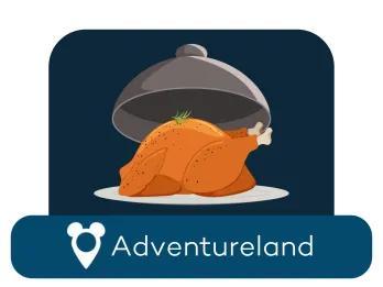 A cartoon chicken on a serving dish above a location label for Adventureland