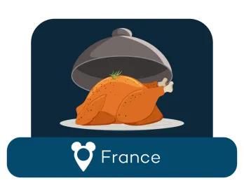 Cartoon roast chicken on a serving dish above a location label for France