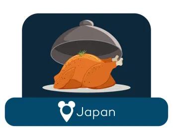 Cartoon roast chicken on a serving dish above a location label for Japan