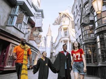 A family walking through Diagon Alley at Universal Studios Florida