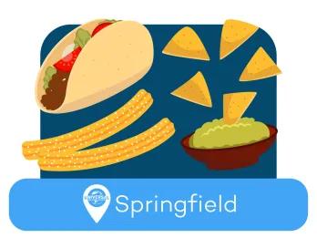 Cartoon images of a taco, churros and nachos in salsa. There is a location tag that says Springfield.