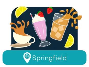 Cartoon coffee, milkshake and iced soda with two lemons. The location tag says Springfield.