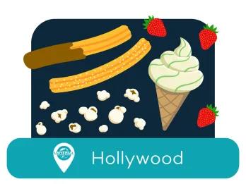 Churros, popcorn, ice cream and some strawberries with the location tag of Hollywood.