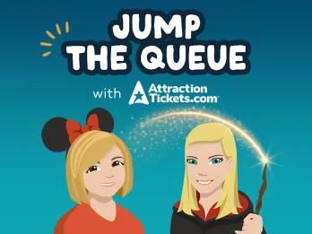 cartoon image of two women with the words jump the queue with attractiontickets.com