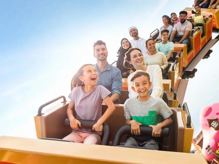 Guests riding the Smurfs Express at Motiongate Dubai