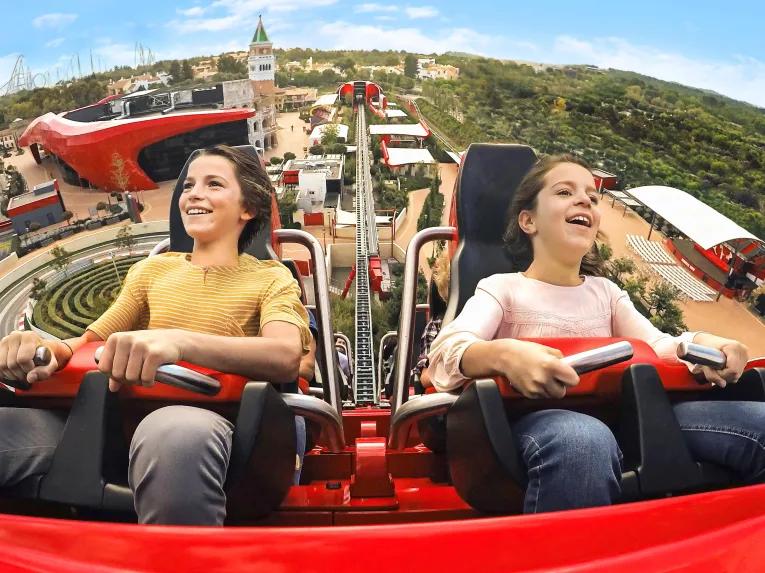 Guests riding Red Force at Ferrari Land in PortAventura World