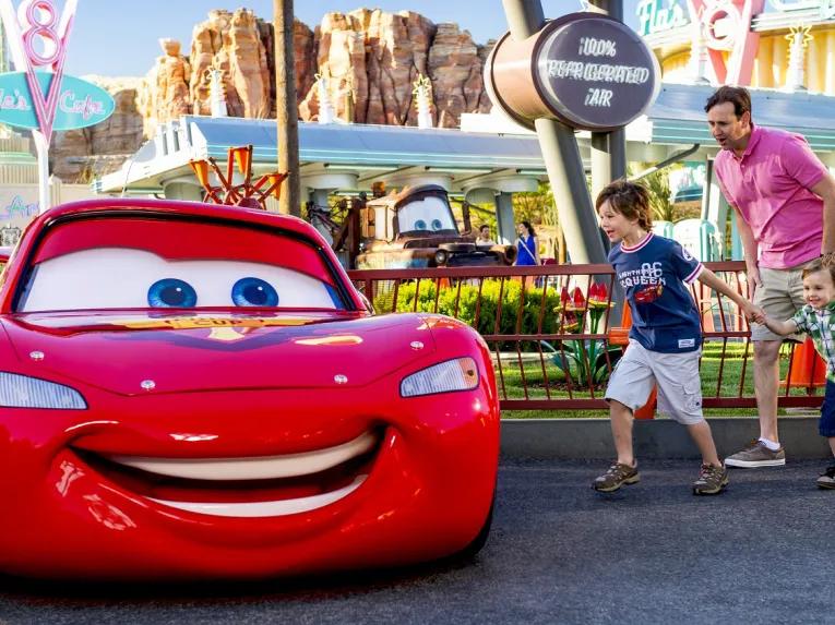 Guests with Lightning McQueen at Disney California Adventure
