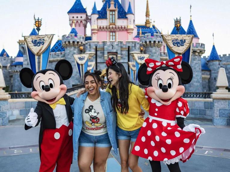 Guests with Mickey and Minnie at Disneyland California